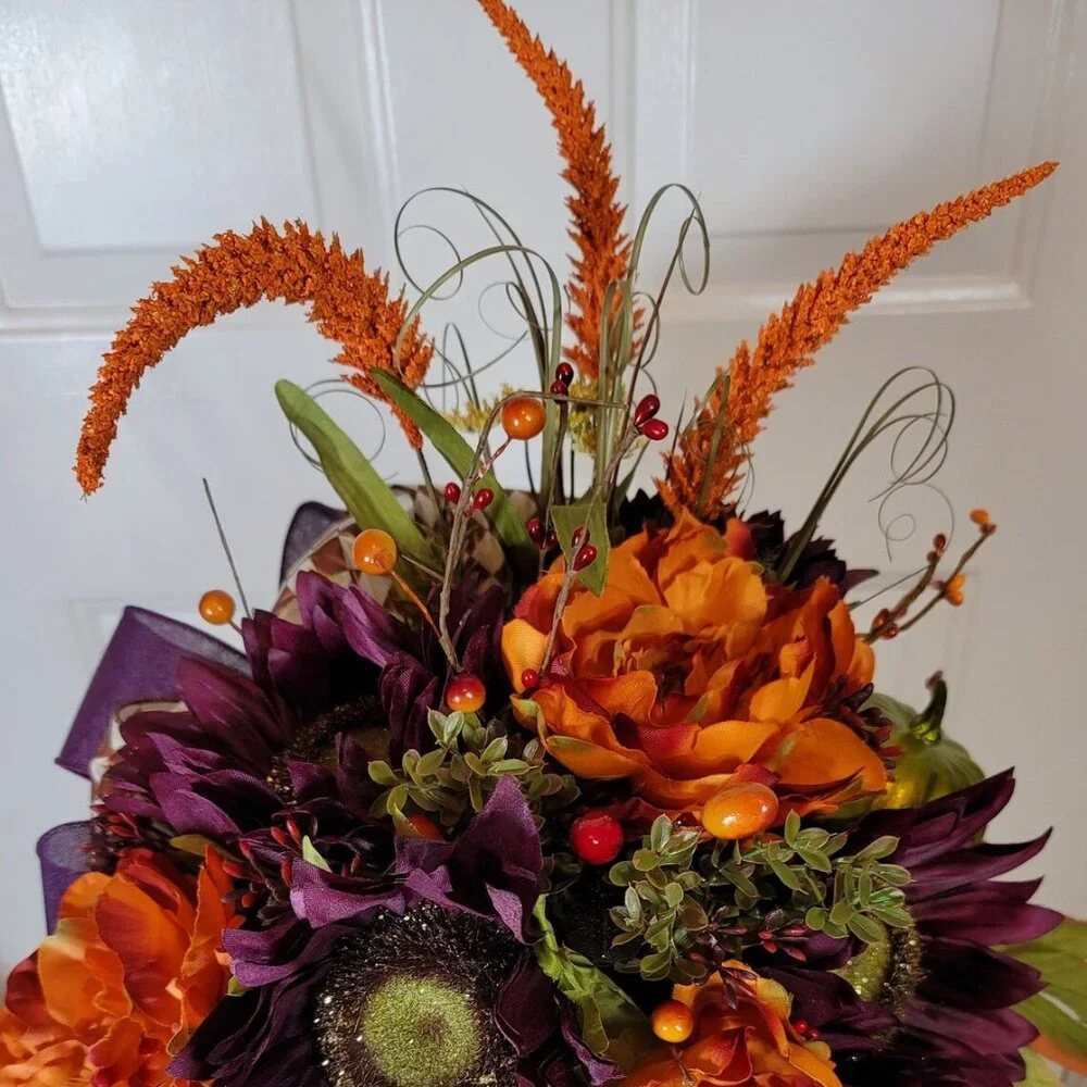 Fall Pumpkin with Purple Sunflowers & Orange Peonies Floral Arrangement - Medium